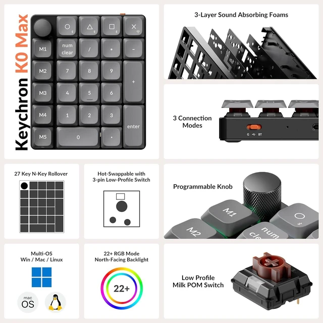 Alt view image 2 of 7 - Keychron K0 Max Wireless Low-Profile Number Pad, QMK/VIA Programmable, Hot-Swappable Brown Switch, RGB Backlit, 2.4GHz & Bluetooth 5.3, 1000Hz Polling Rate, with Knob, for Windows/Mac