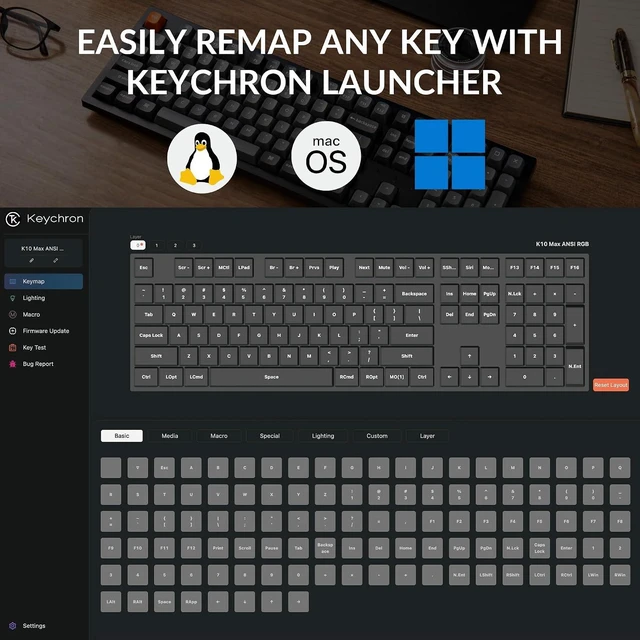 Alt view image 3 of 7 - Keychron K10 Max QMK Wireless Custom Mechanical Full-Size Keyboard 2.4 GHz Wireless & Bluetooth with Hot-swappable Apex Banana Switch Compatible with Mac Windows Linux - Black