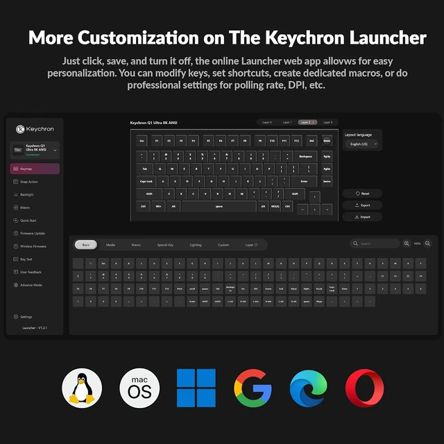 Alt view image 5 of 7 - Keychron Q1 Ultra 8K 75% Wireless Custom Mechanical Keyboard Fully Assembled Aluminum, Hot-Swappable, 2.4 GHz/Bluetooth 5.3/Wired, ZMK, RGB, Knob, 660-Hour Battery, Red Switch, Black
