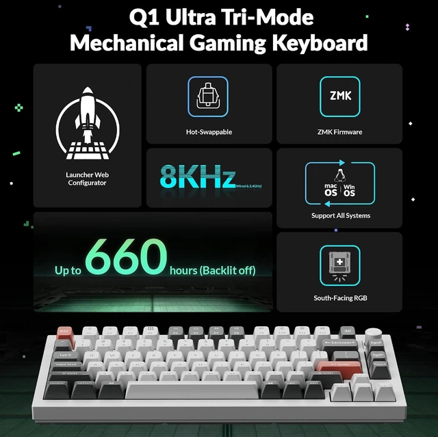 Alt view image 2 of 7 - Keychron Q1 Ultra 8K 75% Wireless Custom Mechanical Keyboard Fully Assembled Aluminum, Hot-Swappable, 2.4 GHz/Bluetooth 5.3/Wired, ZMK, RGB, Knob, 660-Hour Battery, Brown Switch, White