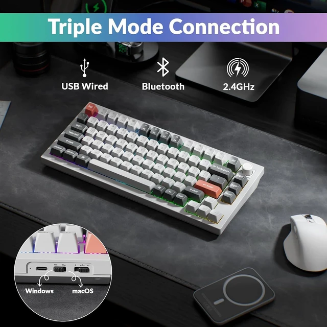 Alt view image 4 of 7 - Keychron Q1 Ultra 8K 75% Wireless Custom Mechanical Keyboard Fully Assembled Aluminum, Hot-Swappable, 2.4 GHz/Bluetooth 5.3/Wired, ZMK, RGB, Knob, 660-Hour Battery, Brown Switch, White