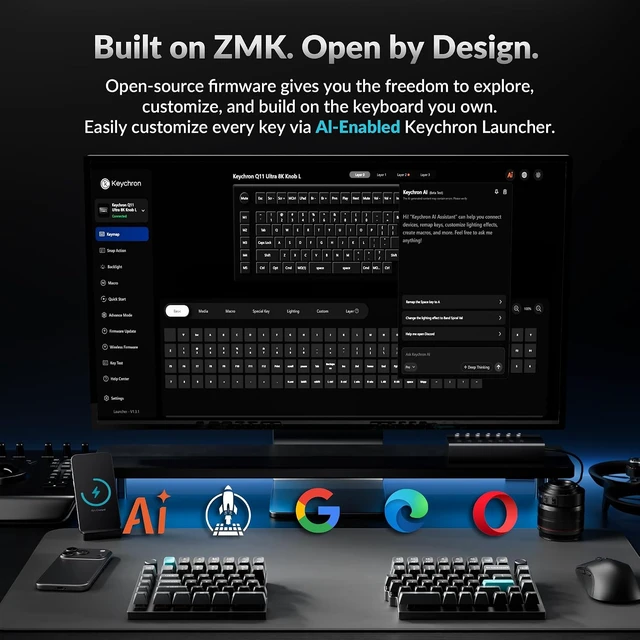 Alt view image 7 of 7 - Keychron Q11 Ultra 8K Wireless Split Mechanical Keyboard, Aluminum - Black 75% Layout Hot-Swappable Red Switch, 2.4 GHz/Bluetooth 5.3/Wired, ZMK Programmable Dual Knobs PBT Keycaps, Mac/Windows/Linux