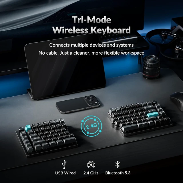 Alt view image 4 of 7 - Keychron Q11 Ultra 8K Wireless Split Mechanical Keyboard, Aluminum - Black 75% Layout Hot-Swappable Red Switch, 2.4 GHz/Bluetooth 5.3/Wired, ZMK Programmable Dual Knobs PBT Keycaps, Mac/Windows/Linux