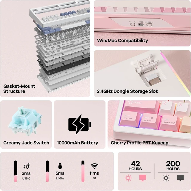 Alt view image 2 of 7 - EPOMAKER TH108 PRO Full Size Mechanical Keyboard with Screen & Knob Wireless Gaming Keyboard with 10000mAh, Creamy Gasket, Hot Swap, Custom Driver, RGB Backlight, NKRO (Pink, Creamy Jade)
