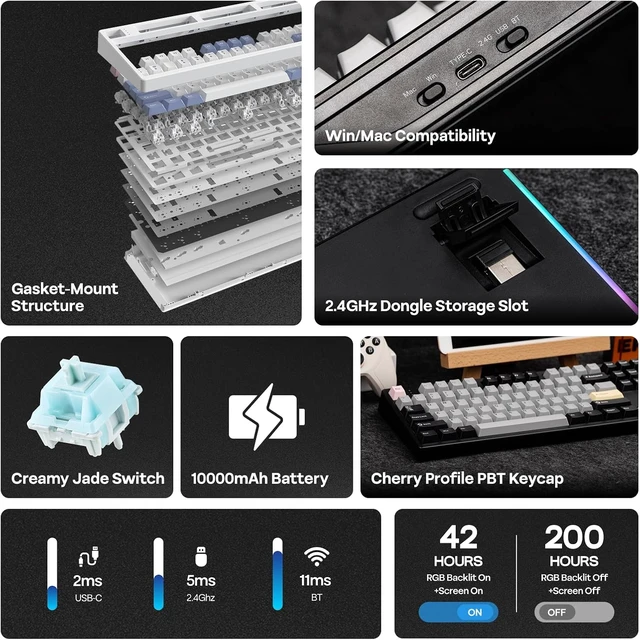 Alt view image 2 of 7 - EPOMAKER TH108 PRO Full Size Mechanical Keyboard with Screen & Knob Wireless Gaming Keyboard with 10000mAh, Creamy Gasket, Hot Swap, Custom Driver, RGB Backlight (Black, Creamy Jade)