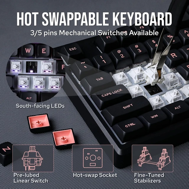 Alt view image 4 of 7 - EPOMAKER Galaxy100 QMK/VIA Wireless Gaming Keyboard, Aluminum Shell, BT/2.4Ghz/USB-C, Pre-Lubed Hot-Swappable Linear Switches, NKRO, RGB Backlit (Black, Marble White Switch)