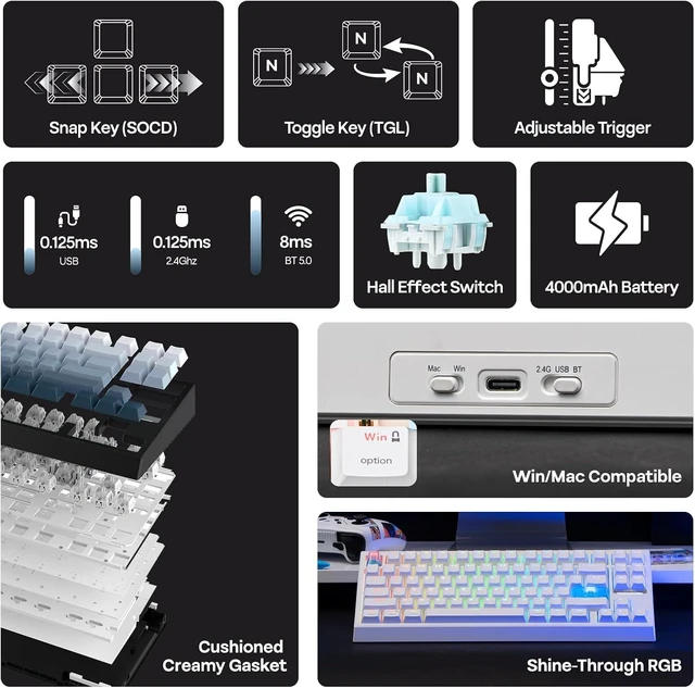 Alt view image 3 of 7 - EPOMAKER G84 HE Wireless Hall Effect Keyboard, 8K Polling & 8000mAh SOCD & DKS, Gaming Keyboard with Fast Trigger & Adjustable Actuation, RGB Backlit, PBT Keycap, Hot-Swap, for Win/Mac (White)