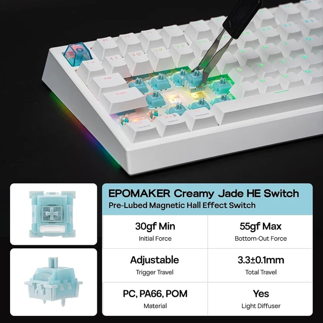 Alt view image 6 of 7 - EPOMAKER G84 HE Wireless Hall Effect Keyboard, 8K Polling & 8000mAh SOCD & DKS, Gaming Keyboard with Fast Trigger & Adjustable Actuation, RGB Backlit, PBT Keycap, Hot-Swap, for Win/Mac (White)