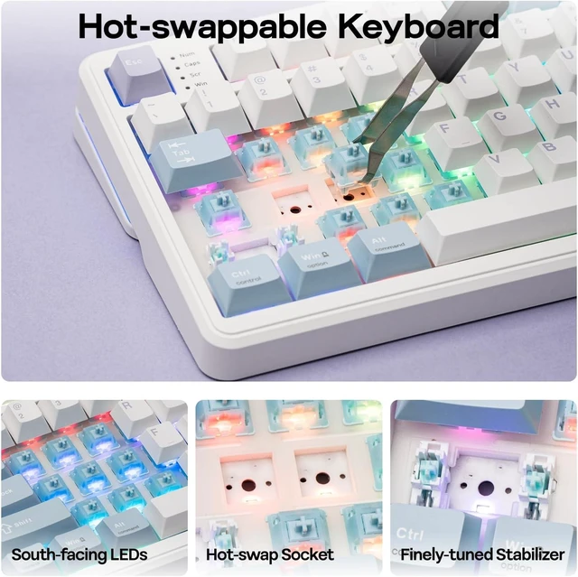 Alt view image 7 of 7 - EPOMAKER TH99 PRO 96% Mechanical Keyboard with Screen & Knob, 10000mAh 2.4Ghz/BT, Hot Swap, Custom Driver, RGB Backlit, PBT Keycap, Wireless Gaming Keyboard for PC/Mac(Blue&White, Sea Salt Silent)