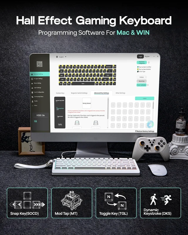 Alt view image 5 of 7 - EPOMAKER HE68 Lite Hall Effect Gaming Keyboard, 8k Polling & 128K Scan Rate 0.005mm Adjustable Trigger, 0.125ms Latency, 5-Layer Sound-Dampened, Snap Key, SOCD, A-RGB, Wired, Mac Software (White)
