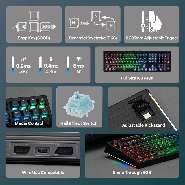 Alt view image 2 of 7 - EPOMAKER HE108 Wireless Gaming Keyboard, 8K Polling & 10000mAh, SOCD & DKS
Full-Sized Hall Effect Keyboard with Rapid Triggering, Custom Driver, RGB Backlit, PBT Keycap (Black)