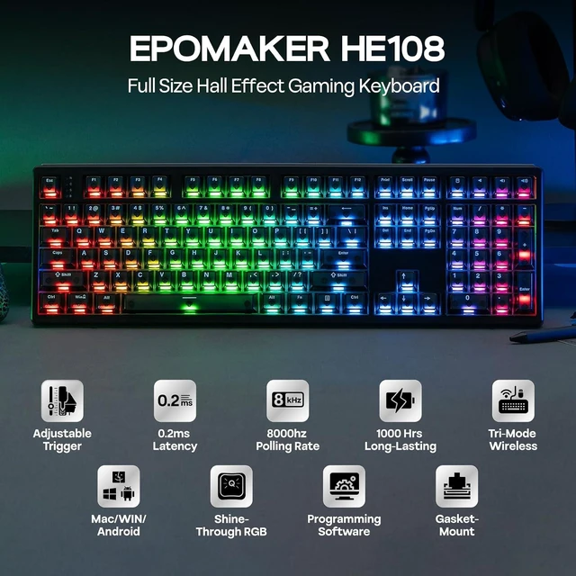 Alt view image 3 of 7 - EPOMAKER HE108 Wireless Gaming Keyboard, 8K Polling & 10000mAh, SOCD & DKS
Full-Sized Hall Effect Keyboard with Rapid Triggering, Custom Driver, RGB Backlit, PBT Keycap (Black)