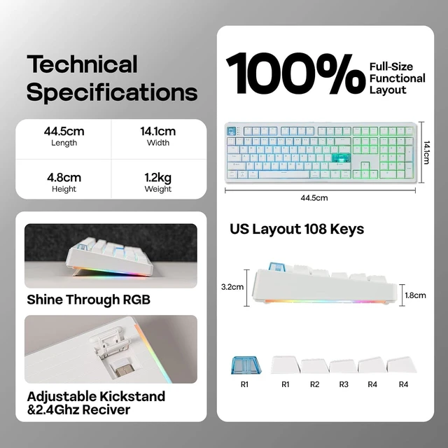 Alt view image 7 of 7 - EPOMAKER HE108 Wireless Gaming Keyboard, 8K Polling & 10000mAh, SOCD & DKS Full-Sized Hall Effect Keyboard with Rapid Triggering, Custom Driver, RGB Backlit, PBT Keycap (White)