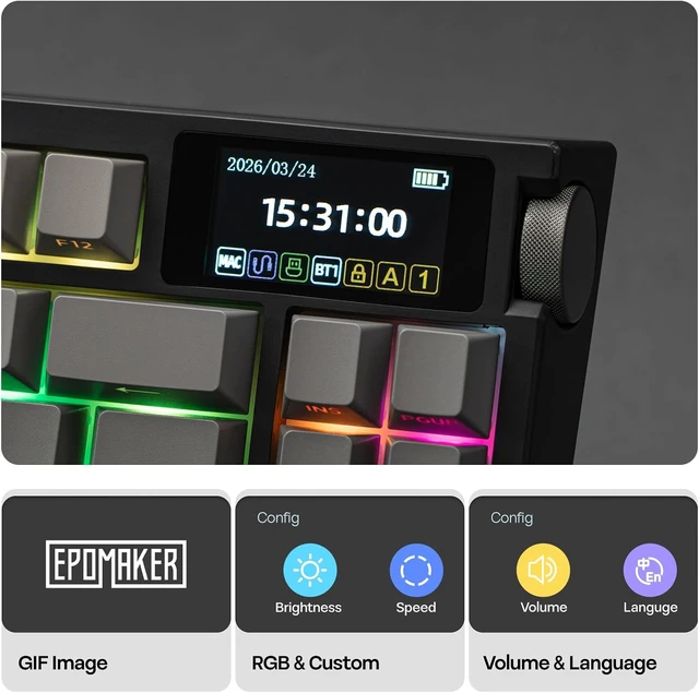 Alt view image 4 of 7 - EPOMAKER G84 PRO Wireless Gaming Keyboard w/Screen&Knob, Shine Through 8000mAh, Hot-Swap, BT5.0/2.4G/USB-C Mode, RGB, 75% Creamy Mechanical Keyboard for Gamers/Office (Black, Creamy Jade Switch)