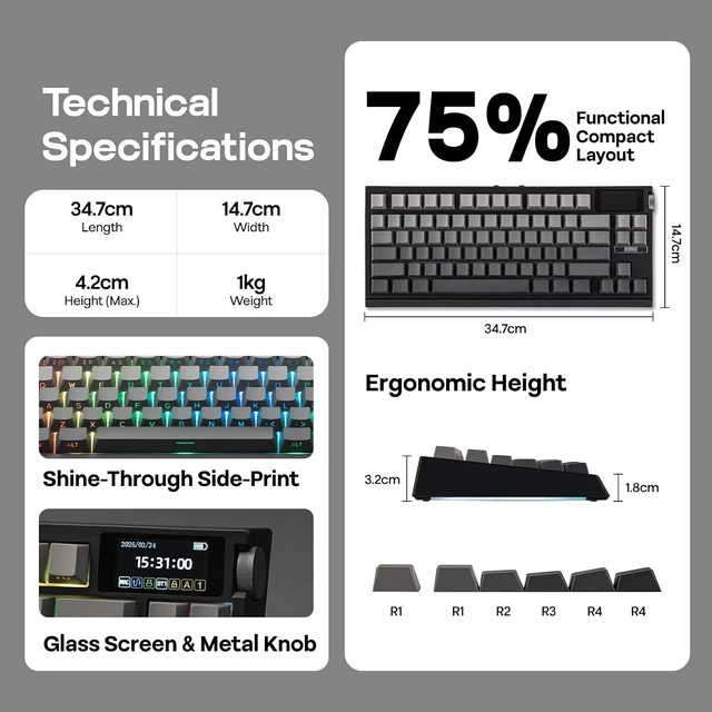 Alt view image 7 of 7 - EPOMAKER G84 PRO Wireless Gaming Keyboard w/Screen&Knob, Shine Through 8000mAh, Hot-Swap, BT5.0/2.4G/USB-C Mode, RGB, 75% Creamy Mechanical Keyboard for Gamers/Office (Black, Creamy Jade Switch)