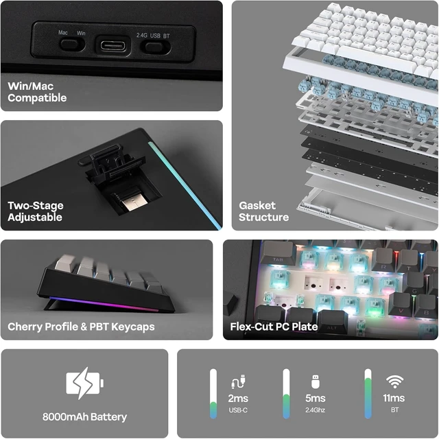 Alt view image 3 of 7 - EPOMAKER G84 PRO Wireless Gaming Keyboard w/Screen&Knob, Shine Through 8000mAh, Hot-Swap, BT5.0/2.4G/USB-C Mode, RGB, 75% Creamy Mechanical Keyboard for Gamers/Office (Black, Creamy Jade Switch)