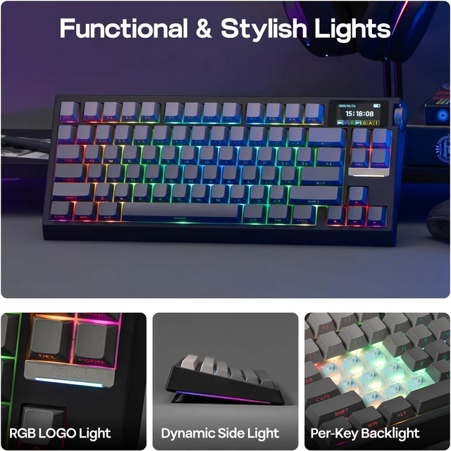 Alt view image 5 of 7 - EPOMAKER G84 PRO Wireless Gaming Keyboard w/Screen&Knob, Shine Through 8000mAh, Hot-Swap, BT5.0/2.4G/USB-C Mode, RGB, 75% Creamy Mechanical Keyboard for Gamers/Office (Black, Creamy Jade Switch)