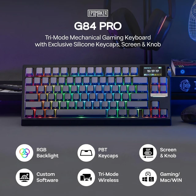 Alt view image 2 of 7 - EPOMAKER G84 PRO Wireless Gaming Keyboard w/Screen&Knob, Shine Through 8000mAh, Hot-Swap, BT5.0/2.4G/USB-C Mode, RGB, 75% Creamy Mechanical Keyboard for Gamers/Office (Black, Creamy Jade Switch)