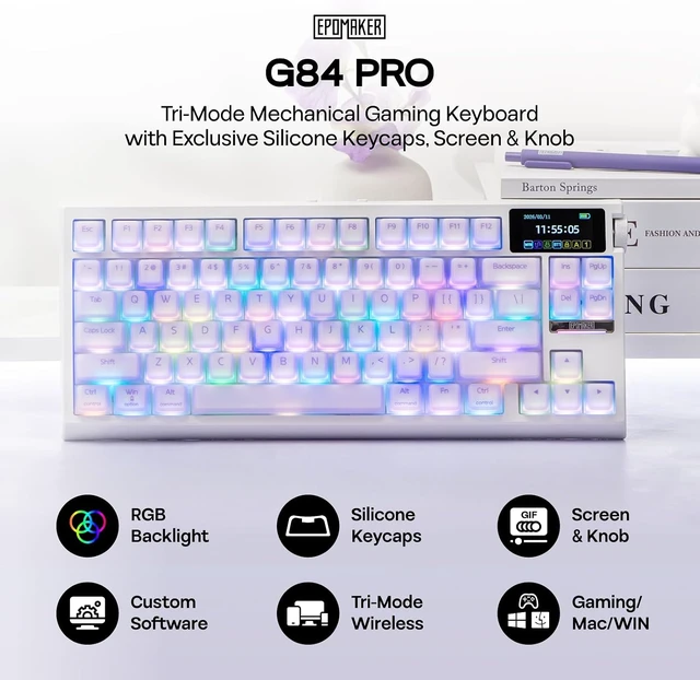 Alt view image 2 of 7 - EPOMAKER G84 PRO Wireless Gaming Keyboard w/Screen&Knob, Silicone Keycaps 8000mAh, Hot-Swap, BT5.0/2.4G/USB-C Mode, RGB, 75% Creamy Mechanical Keyboard for Gamers/Office (Purple, Creamy Jade Switch)