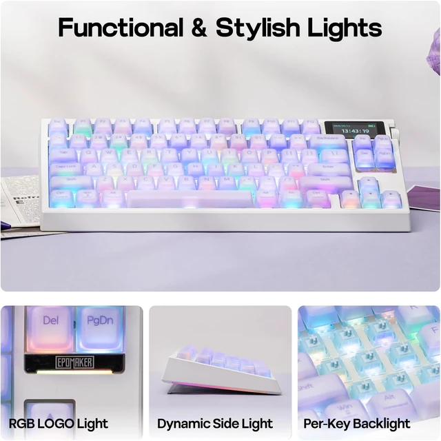 Alt view image 5 of 7 - EPOMAKER G84 PRO Wireless Gaming Keyboard w/Screen&Knob, Silicone Keycaps 8000mAh, Hot-Swap, BT5.0/2.4G/USB-C Mode, RGB, 75% Creamy Mechanical Keyboard for Gamers/Office (Purple, Creamy Jade Switch)