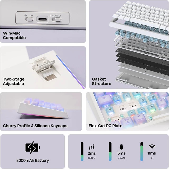 Alt view image 3 of 7 - EPOMAKER G84 PRO Wireless Gaming Keyboard w/Screen&Knob, Silicone Keycaps 8000mAh, Hot-Swap, BT5.0/2.4G/USB-C Mode, RGB, 75% Creamy Mechanical Keyboard for Gamers/Office (Purple, Creamy Jade Switch)