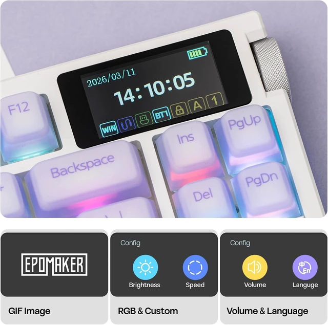 Alt view image 4 of 7 - EPOMAKER G84 PRO Wireless Gaming Keyboard w/Screen&Knob, Silicone Keycaps 8000mAh, Hot-Swap, BT5.0/2.4G/USB-C Mode, RGB, 75% Creamy Mechanical Keyboard for Gamers/Office (Purple, Creamy Jade Switch)