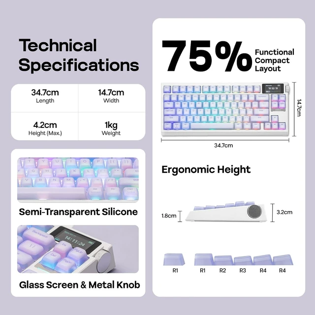 Alt view image 7 of 7 - EPOMAKER G84 PRO Wireless Gaming Keyboard w/Screen&Knob, Silicone Keycaps 8000mAh, Hot-Swap, BT5.0/2.4G/USB-C Mode, RGB, 75% Creamy Mechanical Keyboard for Gamers/Office (Purple, Creamy Jade Switch)