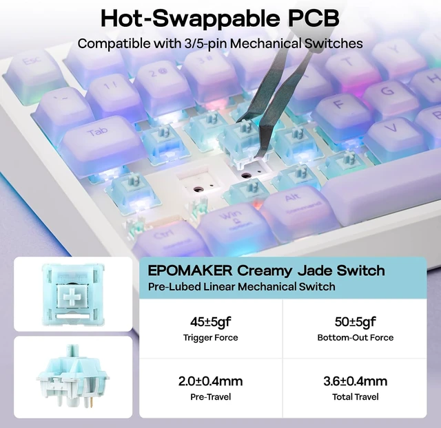 Alt view image 6 of 7 - EPOMAKER G84 PRO Wireless Gaming Keyboard w/Screen&Knob, Silicone Keycaps 8000mAh, Hot-Swap, BT5.0/2.4G/USB-C Mode, RGB, 75% Creamy Mechanical Keyboard for Gamers/Office (Purple, Creamy Jade Switch)