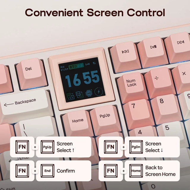 Alt view image 4 of 7 - EPOMAKER RT100 PRO Wireless Gaming Keyboard with 1.54" Screen&Knob, RGB 2.4Ghz/BT/USB-C, Hot Swap, 5000mAh, PBT Keycap, Custom Driver, Retro Mechanical Keyboard for Win/Mac (Pink, Creamy Jade)