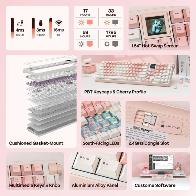 Alt view image 3 of 7 - EPOMAKER RT100 PRO Wireless Gaming Keyboard with 1.54" Screen&Knob, RGB 2.4Ghz/BT/USB-C, Hot Swap, 5000mAh, PBT Keycap, Custom Driver, Retro Mechanical Keyboard for Win/Mac (Pink, Creamy Jade)