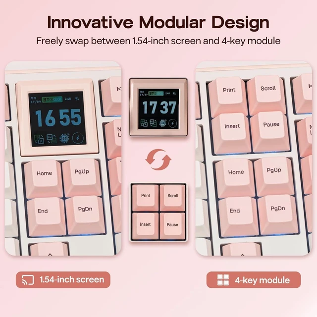 Alt view image 2 of 7 - EPOMAKER RT100 PRO Wireless Gaming Keyboard with 1.54" Screen&Knob, RGB 2.4Ghz/BT/USB-C, Hot Swap, 5000mAh, PBT Keycap, Custom Driver, Retro Mechanical Keyboard for Win/Mac (Pink, Sea Salt Silent)