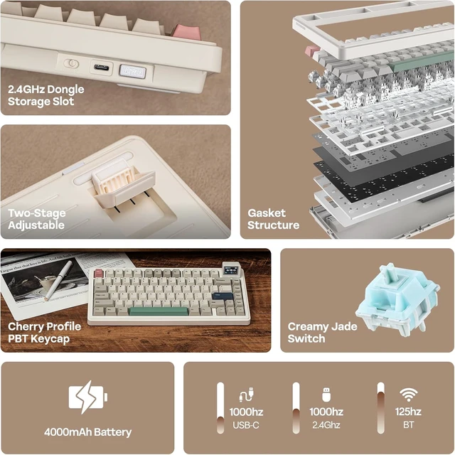 Alt view image 3 of 7 - EPOMAKER RT82 Wireless Mechanical Keyboard with Screen, VIA Custom
2.4GHz/USB-C/BT5.0, RGB Backlit, Gasket, 5-Paddings, PBT Keycaps, Hot-Swap Retro Gaming Keyboard (Creamy Jade)