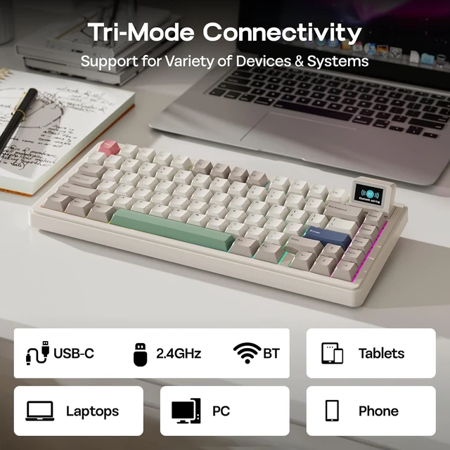 Alt view image 4 of 7 - EPOMAKER RT82 Wireless Mechanical Keyboard with Screen, VIA Custom
2.4GHz/USB-C/BT5.0, RGB Backlit, Gasket, 5-Paddings, PBT Keycaps, Hot-Swap Retro Gaming Keyboard (Creamy Jade)