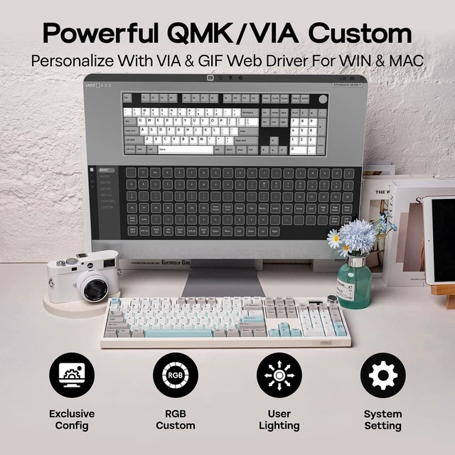 Alt view image 7 of 7 - EPOMAKER QK108 Full Size Mechanical Keyboard with Screen & Knob, 8000mAh QMK/VIA, Creamy&Thocky, Gasket, RGB Backlit, Mac Keycap, Wireless Gaming Keyboard (White Cyan, Wisteria Linear Switch)