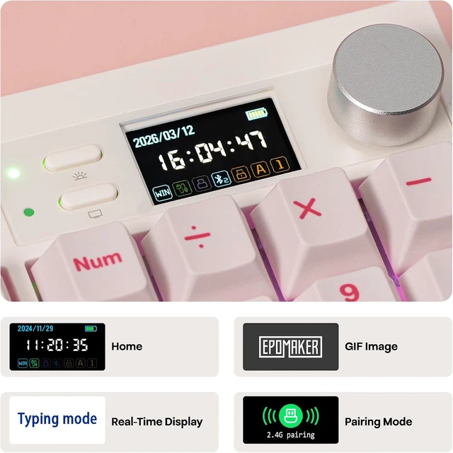 Alt view image 3 of 7 - EPOMAKER QK108 Full Size Mechanical Keyboard with Screen & Knob, 8000mAh Creamy&Thocky, Gasket, RGB Backlit, Mac Keycap, Wireless Gaming Keyboard for Mac/Win (Pink, Sea Salt Silent)