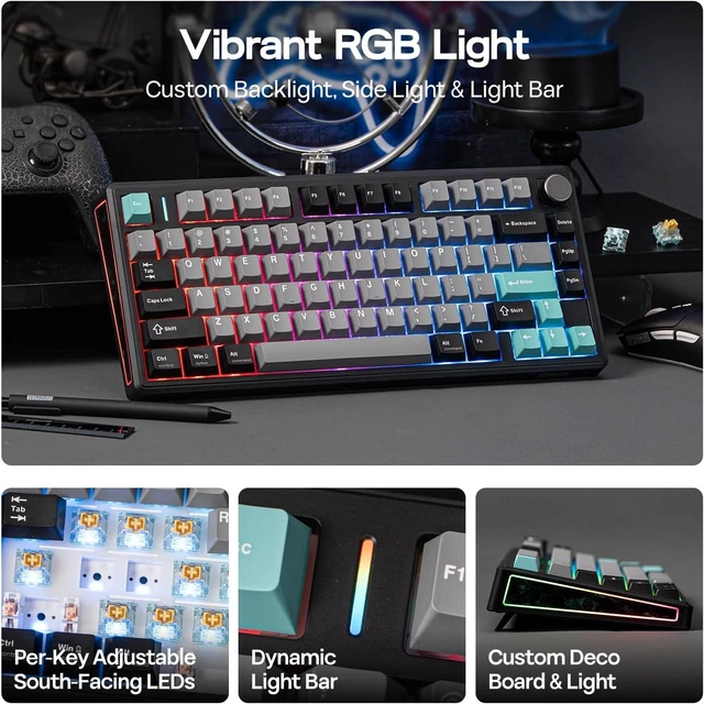 Alt view image 5 of 7 - EPOMAKER TH80 V2 75% Wireless Mechanical Keyboard with Metal Knob, 8000mAh 2.4Ghz/BT/USB-C, RGB, Hot Swap, Custom Driver, PBT Keycap, Wireless Gaming Keyboard for PC/Mac (Black, Sea Salt Silent)