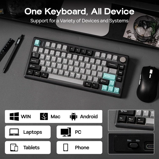 Alt view image 6 of 7 - EPOMAKER TH80 V2 75% Wireless Mechanical Keyboard with Metal Knob, 8000mAh 2.4Ghz/BT/USB-C, RGB, Hot Swap, Custom Driver, PBT Keycap, Wireless Gaming Keyboard for PC/Mac (Black, Sea Salt Silent)
