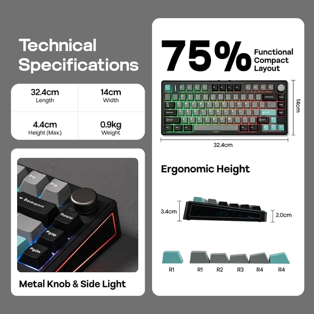 Alt view image 7 of 7 - EPOMAKER TH80 V2 75% Wireless Mechanical Keyboard with Metal Knob, 8000mAh 2.4Ghz/BT/USB-C, RGB, Hot Swap, Custom Driver, PBT Keycap, Wireless Gaming Keyboard for PC/Mac (Black, Sea Salt Silent)