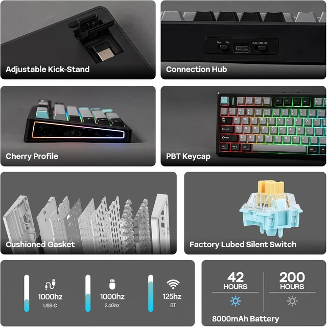 Alt view image 2 of 7 - EPOMAKER TH80 V2 75% Wireless Mechanical Keyboard with Metal Knob, 8000mAh 2.4Ghz/BT/USB-C, RGB, Hot Swap, Custom Driver, PBT Keycap, Wireless Gaming Keyboard for PC/Mac (Black, Sea Salt Silent)