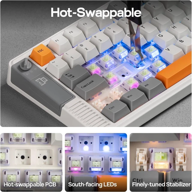 Alt view image 7 of 7 - EPOMAKER RT85 Wireless Mechanical Keyboard with Joystick & DIY Screen 8000mAh, BT/USB/2.4Ghz, Gasket, 5-Layer Paddings, Hot-Swap, PBT Keycap, 75% Gaming Keyboard (Retro White, Creamy Jade)