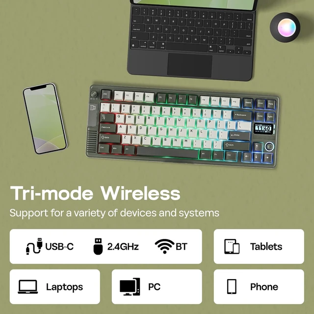 Alt view image 6 of 7 - EPOMAKER RT85 Wireless Mechanical Keyboard with Joystick & DIY Screen 8000mAh, BT/USB/2.4Ghz, Gasket, 5-Layer Paddings, Hot-Swap, PBT Keycap, 75% Gaming Keyboard (Army Green, Crystal Switch)