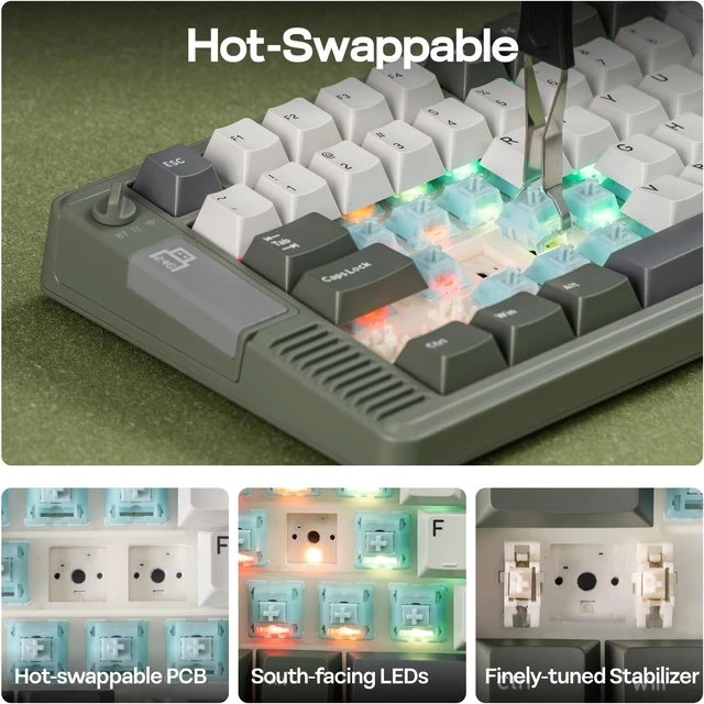 Alt view image 5 of 7 - EPOMAKER RT85 Wireless Mechanical Keyboard with Joystick & DIY Screen 8000mAh, BT/USB/2.4Ghz, Gasket, 5-Layer Paddings, Hot-Swap, PBT Keycap, 75% Gaming Keyboard (Army Green, Crystal Switch)