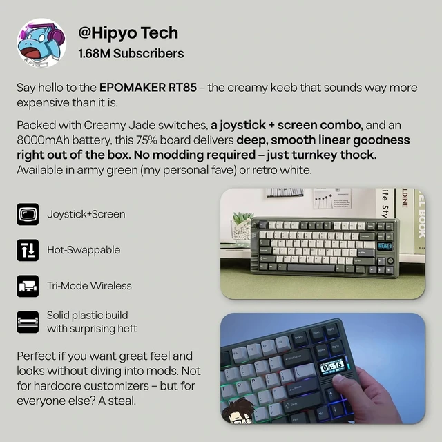 Alt view image 7 of 7 - EPOMAKER RT85 Wireless Mechanical Keyboard with Joystick & DIY Screen 8000mAh, BT/USB/2.4Ghz, Gasket, 5-Layer Paddings, Hot-Swap, PBT Keycap, 75% Gaming Keyboard (Army Green, Crystal Switch)
