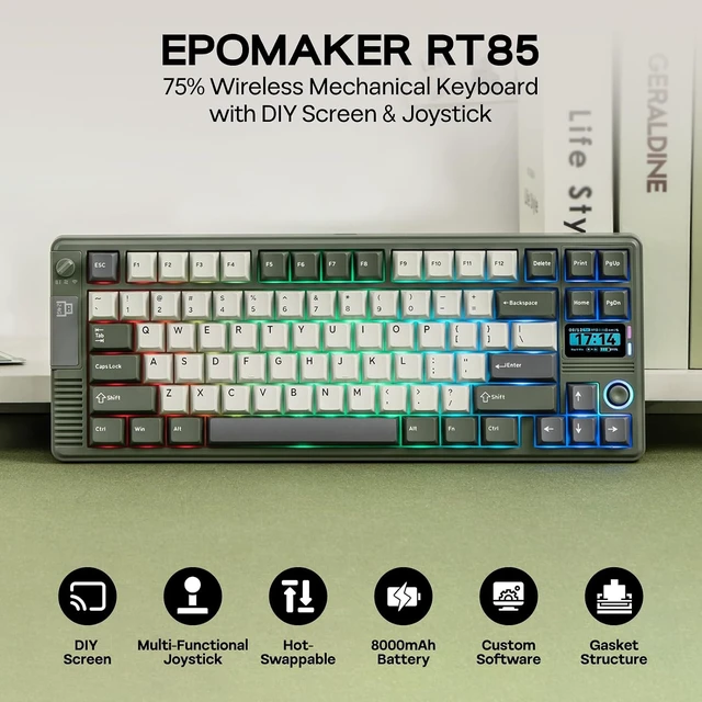 Alt view image 3 of 7 - EPOMAKER RT85 Wireless Mechanical Keyboard with Joystick & DIY Screen 8000mAh, BT/USB/2.4Ghz, Gasket, 5-Layer Paddings, Hot-Swap, PBT Keycap, 75% Gaming Keyboard (Army Green, Wisteria Linear)