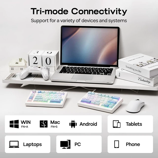 Alt view image 4 of 6 - EPOMAKER Split70 Wireless Ergonomic Keyboard with QMK/VIA and Knob, Mechanical Gaming Keyboard with RGB, Hot-Swap, Creamy Linear Switch, PBT Keycap, Gasket, Mac Modifier, 70% Split Layout (White)