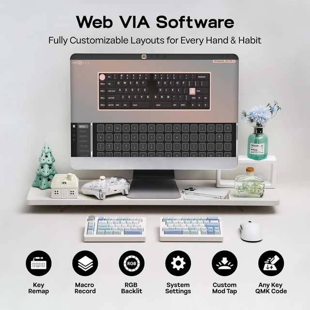 Alt view image 5 of 6 - EPOMAKER Split70 Wireless Ergonomic Keyboard with QMK/VIA and Knob, Mechanical Gaming Keyboard with RGB, Hot-Swap, Creamy Linear Switch, PBT Keycap, Gasket, Mac Modifier, 70% Split Layout (White)