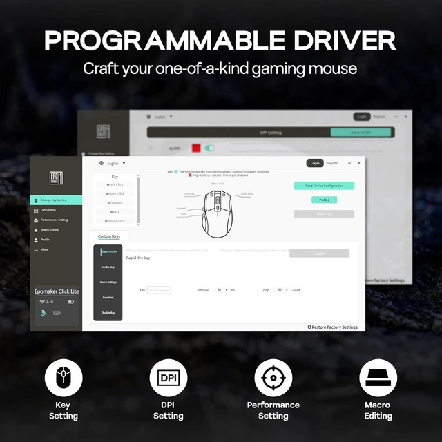 Alt view image 7 of 7 - EPOMAKER Click Lite Wireless Gaming Mouse, 800 to 12,000 DPI Adjustable, PAW3311 Sensor, 500mAh, 59g, 2.4G/BT/USB-C Rechargeable Wireless Mouse with 5 Programmable Buttons for PC/Mac/Linux (White)