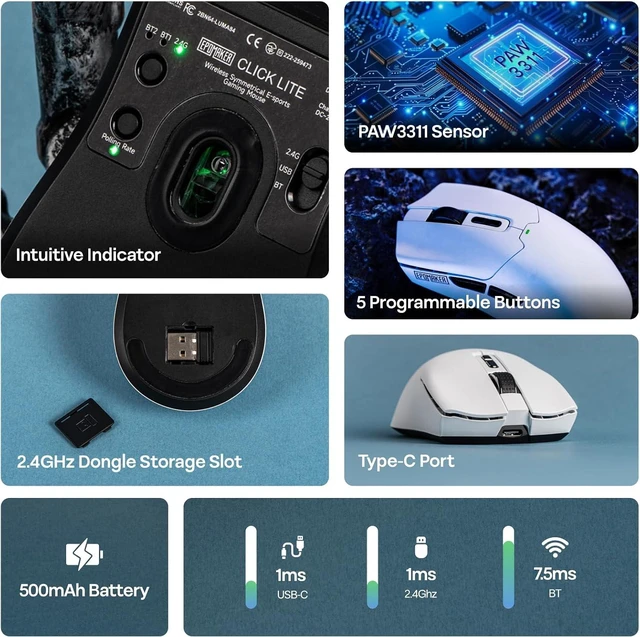 Alt view image 2 of 7 - EPOMAKER Click Lite Wireless Gaming Mouse, 800 to 12,000 DPI Adjustable, PAW3311 Sensor, 500mAh, 59g, 2.4G/BT/USB-C Rechargeable Wireless Mouse with 5 Programmable Buttons for PC/Mac/Linux (White)