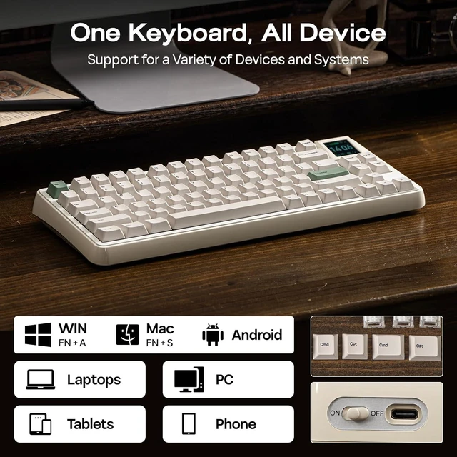Alt view image 7 of 7 - EPOMAKER RT75 Wireless Mechanical Keyboard with 1.54 Hot-Swap Screen
Retro Aesthetic for Your Desk with GIFs & Images, Thocky Gasket Custom Driver, RGB, Mac Keys, PBT Keycaps, BT/2.4Ghz
