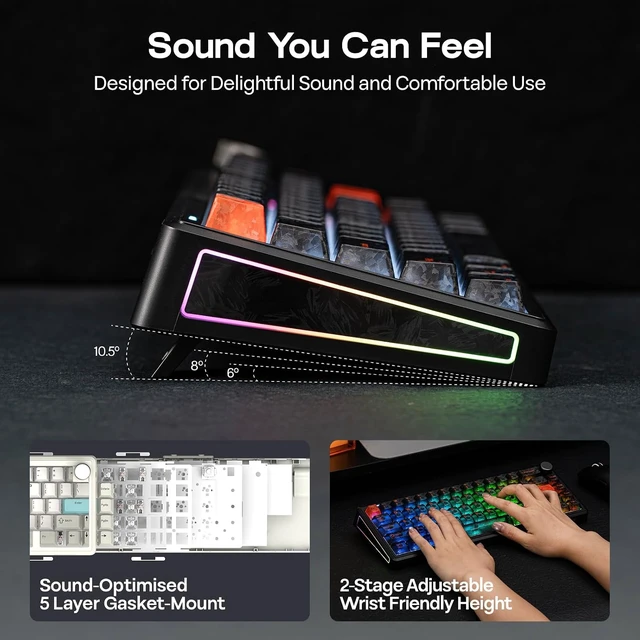 Alt view image 4 of 7 - EPOMAKER TH65 Wireless Mechanical Gaming Keyboard with Knob & 8000mAh Adjustable Kickstand for Comfort Typing, 65%, BT/2.4GHz/USB-C, Hot-Swap, Creamy& Thocky Gasket (Black, Creamy Jade)